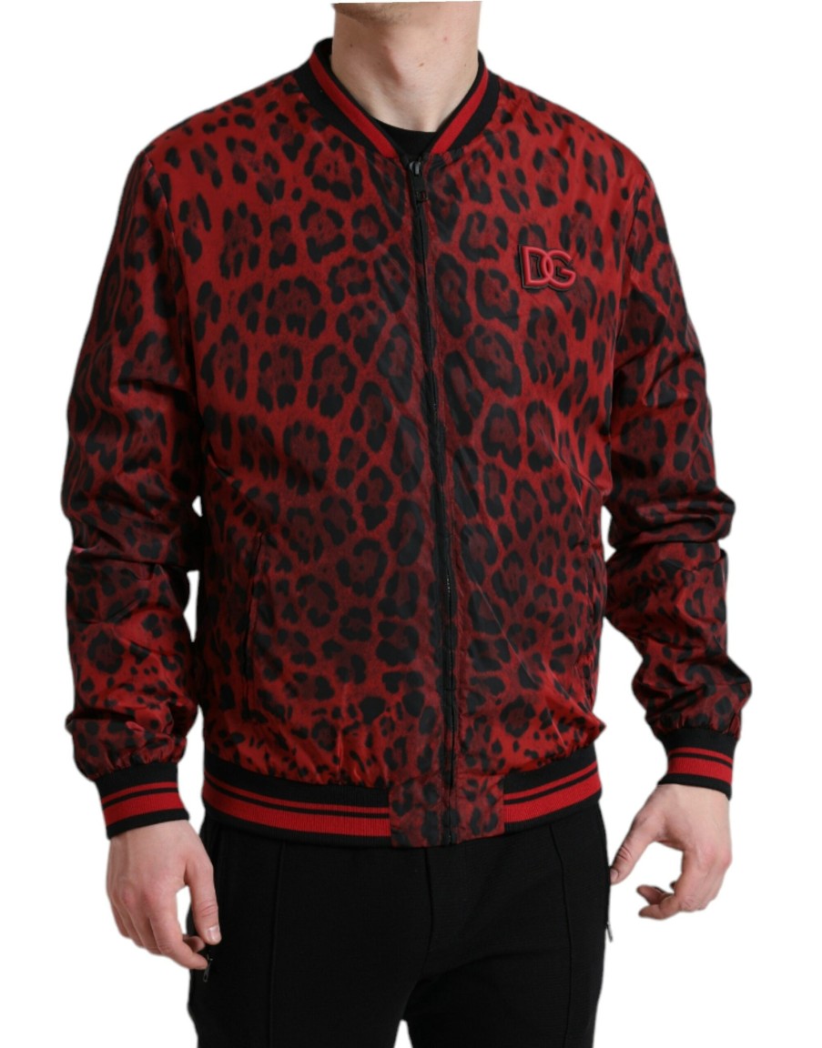 Men Dolce & Gabbana Men'S Jackets | Dolce & Gabbana Red Leopard Nylon Bomber Full Zip Jacket