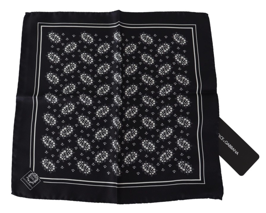 Men Dolce & Gabbana Men'S Handkerchief | Dolce & Gabbana Black Patterned Square Scarf Silk Handkerchief