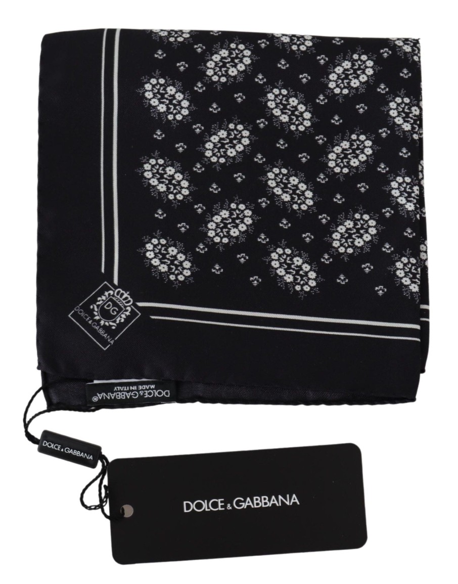 Men Dolce & Gabbana Men'S Handkerchief | Dolce & Gabbana Black Patterned Square Scarf Silk Handkerchief