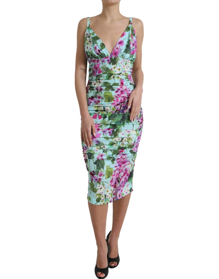 Women Dolce & Gabbana Women'S Dresses | Dolce & Gabbana Multicolor Floral V-Neck Sheath Midi Dress