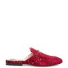 Women Gucci Women'S Flat Shoes | Gucci Red Velvet Princetown Slipper With Logo Allover