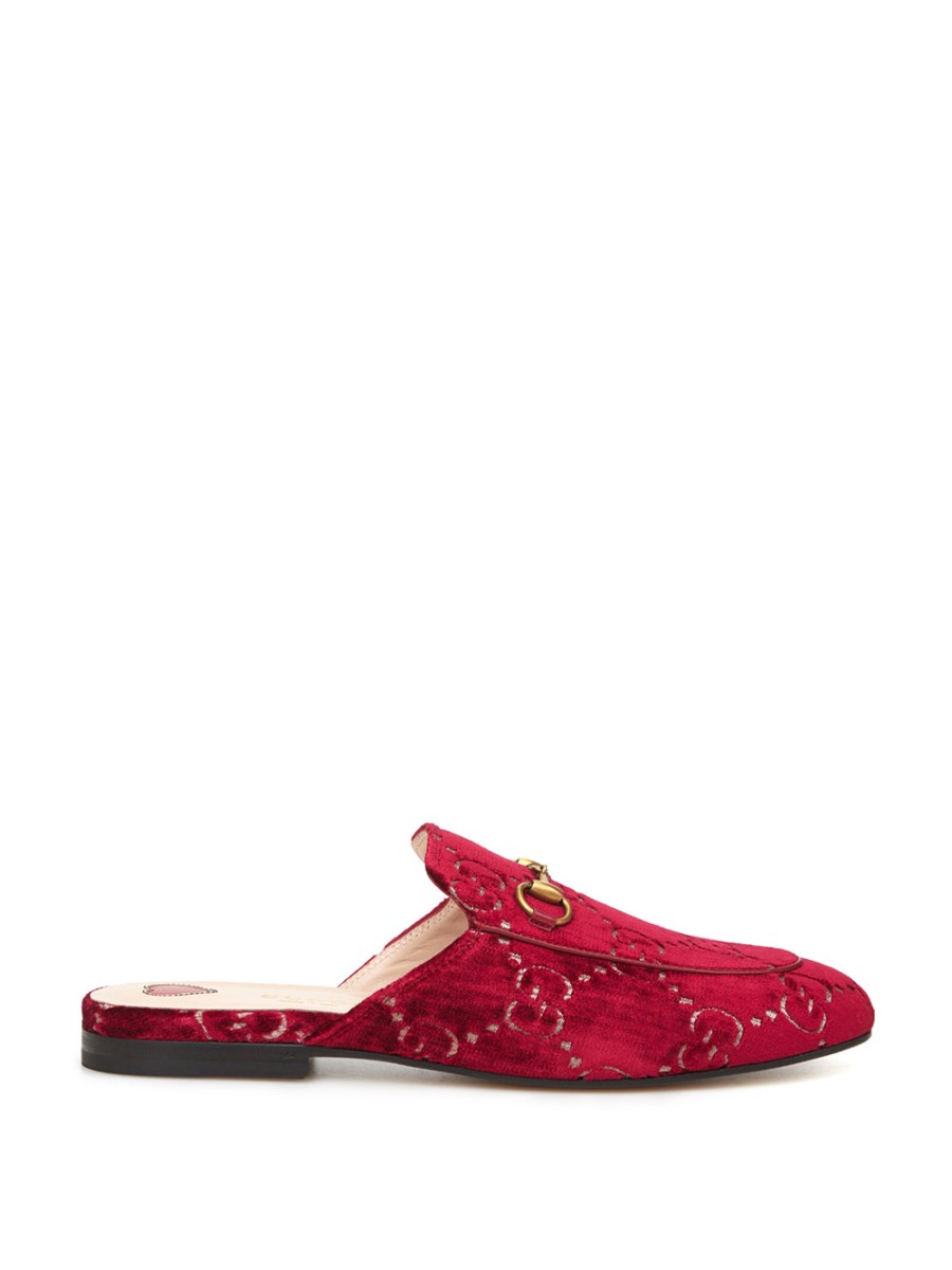 Women Gucci Women'S Flat Shoes | Gucci Red Velvet Princetown Slipper With Logo Allover