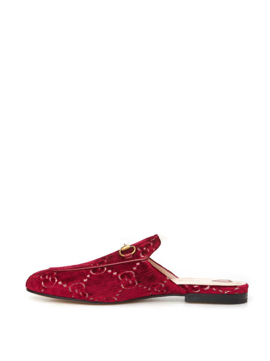 Women Gucci Women'S Flat Shoes | Gucci Red Velvet Princetown Slipper With Logo Allover