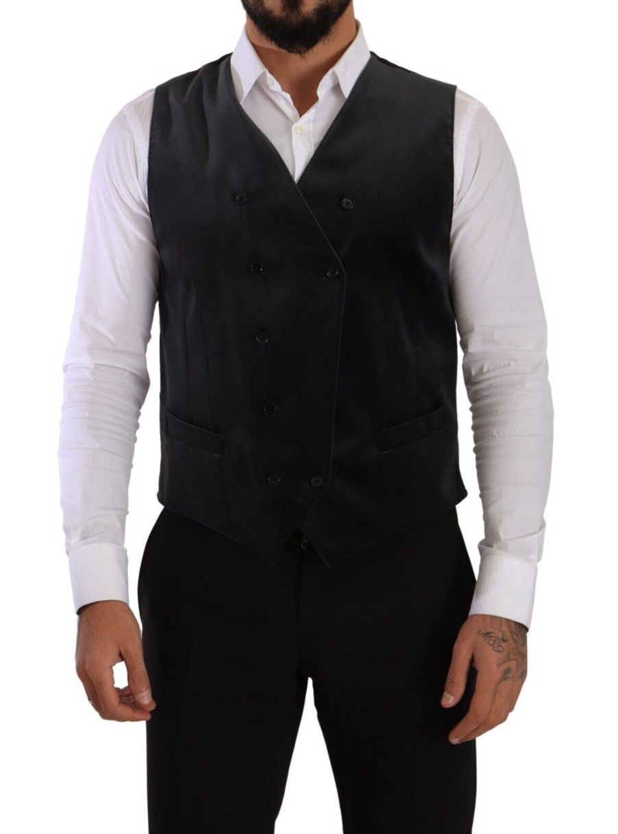 Men Dolce & Gabbana Men'S Vests | Dolce & Gabbana Gray Velvet Cotton Slim Fit Waistcoat Vest