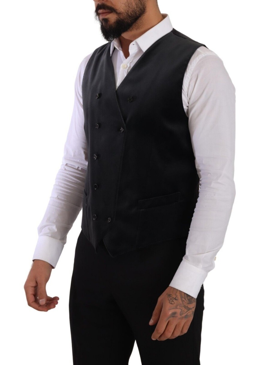 Men Dolce & Gabbana Men'S Vests | Dolce & Gabbana Gray Velvet Cotton Slim Fit Waistcoat Vest