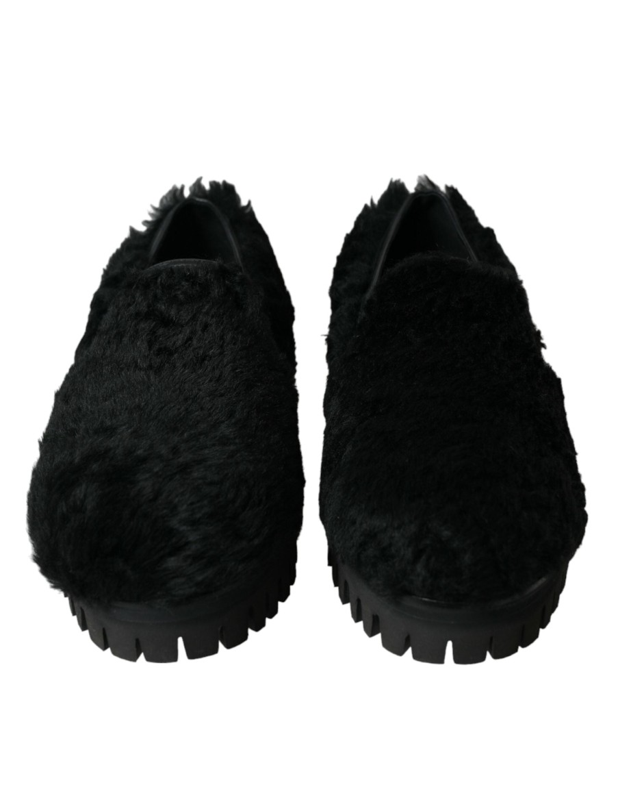 Men Dolce & Gabbana Men'S Formal | Dolce & Gabbana Black Fur Leather Slippers Dress Shoes