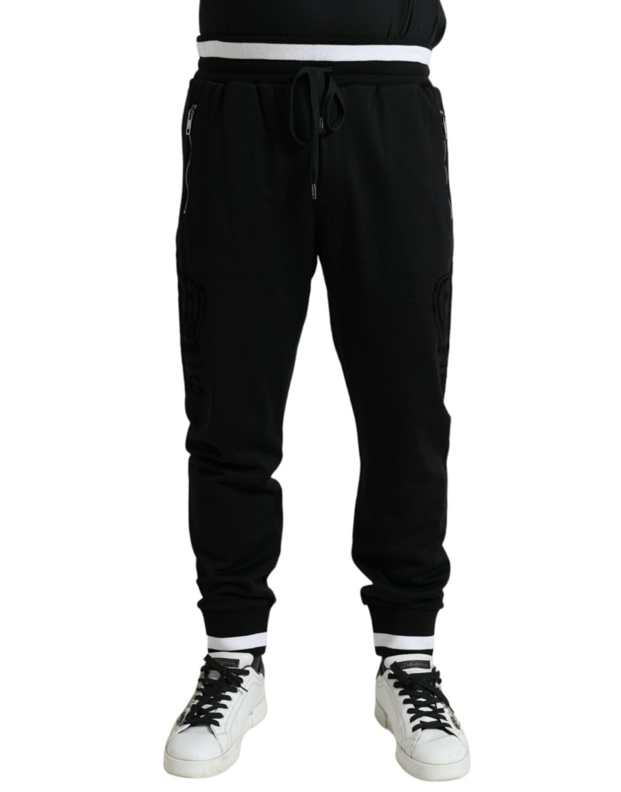 Men Dolce & Gabbana Men'S Jeans & Pants | Dolce & Gabbana Black Cotton Logo Sweatpants Jogging Pants