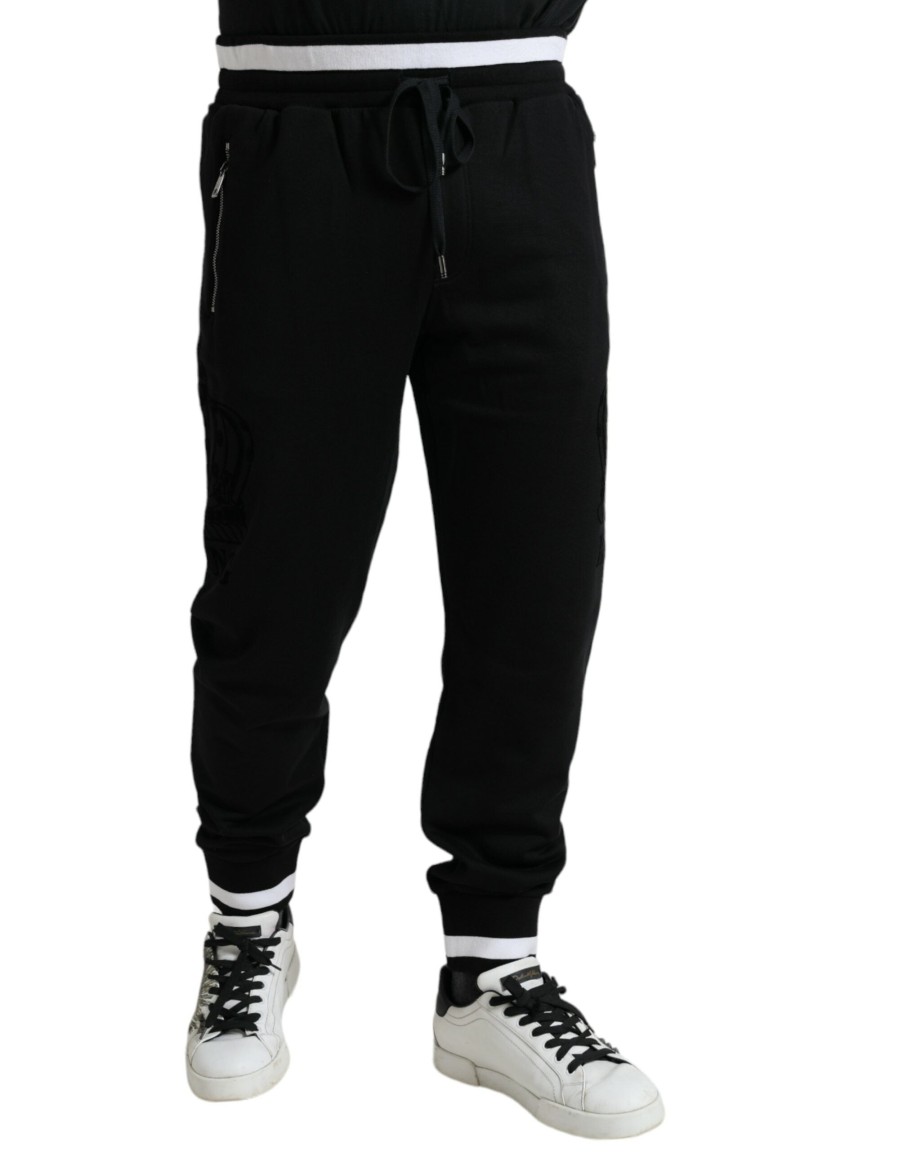 Men Dolce & Gabbana Men'S Jeans & Pants | Dolce & Gabbana Black Cotton Logo Sweatpants Jogging Pants