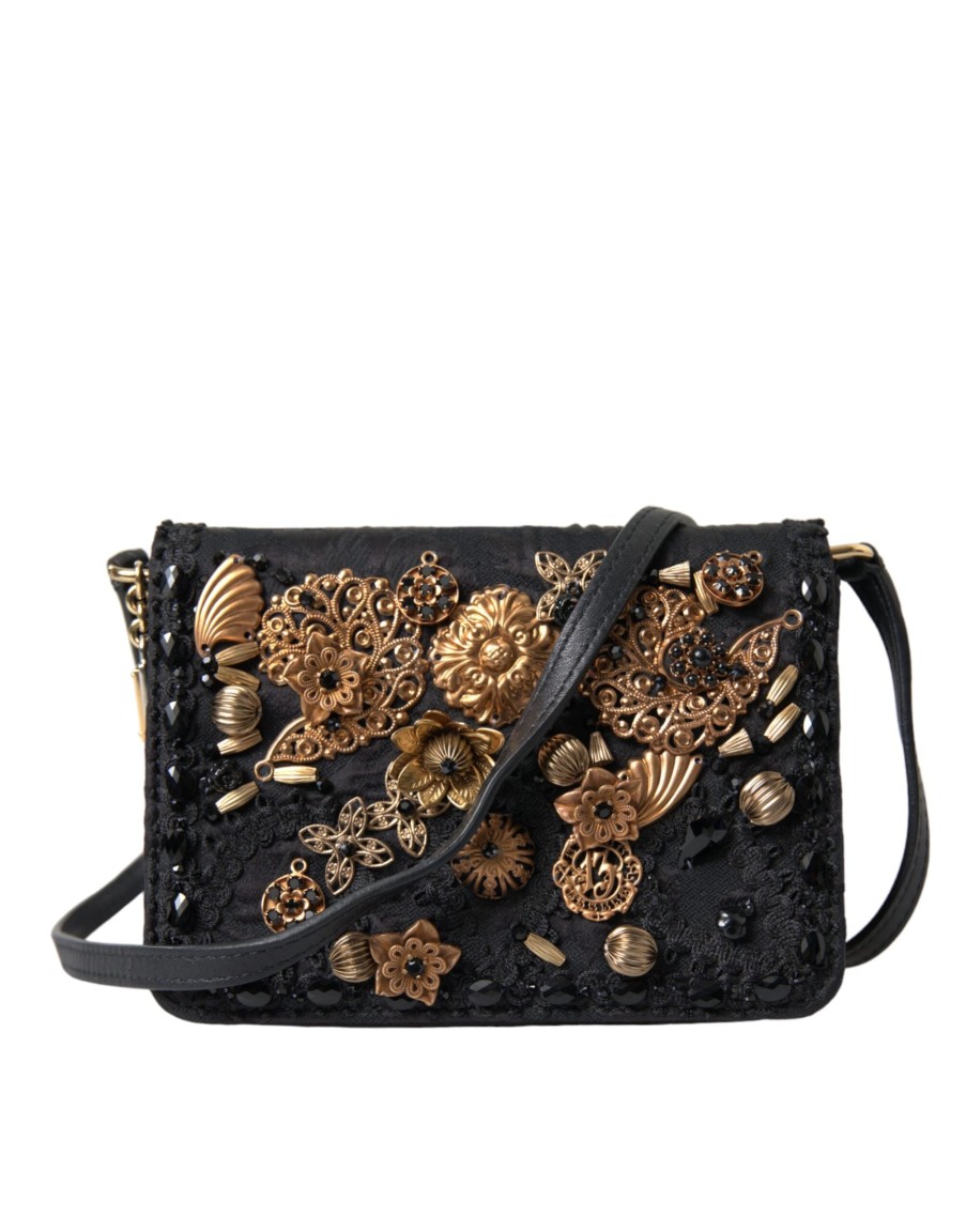 Women Dolce & Gabbana Women'S Crossbody Bags | Dolce & Gabbana Black Embellished Baroque Crossbody Shoulder Bag