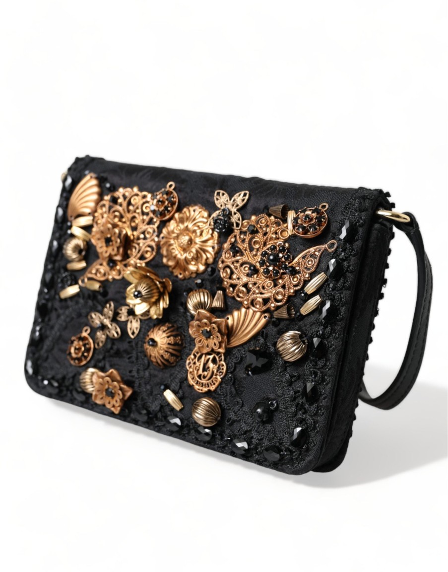 Women Dolce & Gabbana Women'S Crossbody Bags | Dolce & Gabbana Black Embellished Baroque Crossbody Shoulder Bag