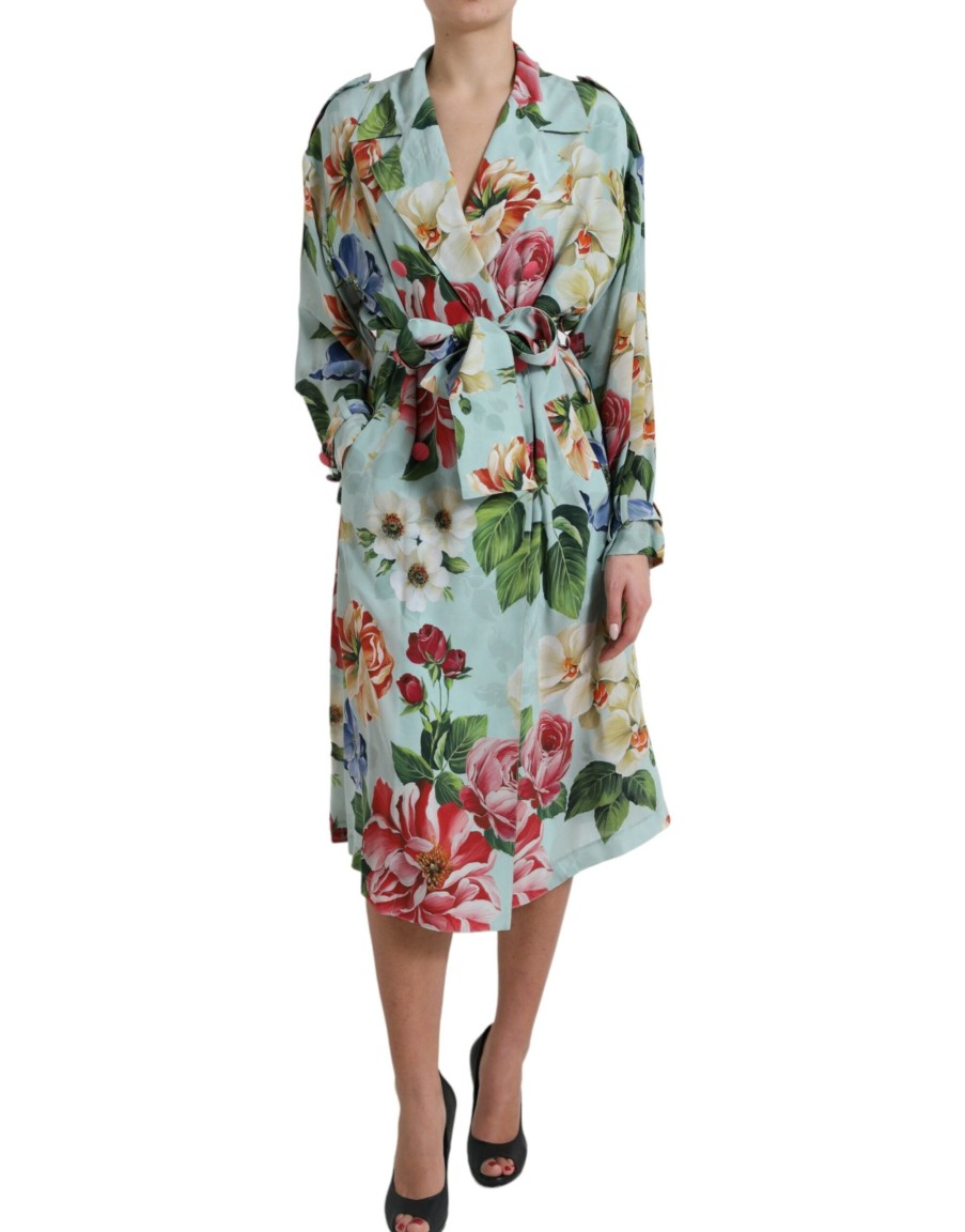 Women Dolce & Gabbana Women'S Jackets & Coats | Dolce & Gabbana Multicolor Floral Silk Trench Coat Jacket