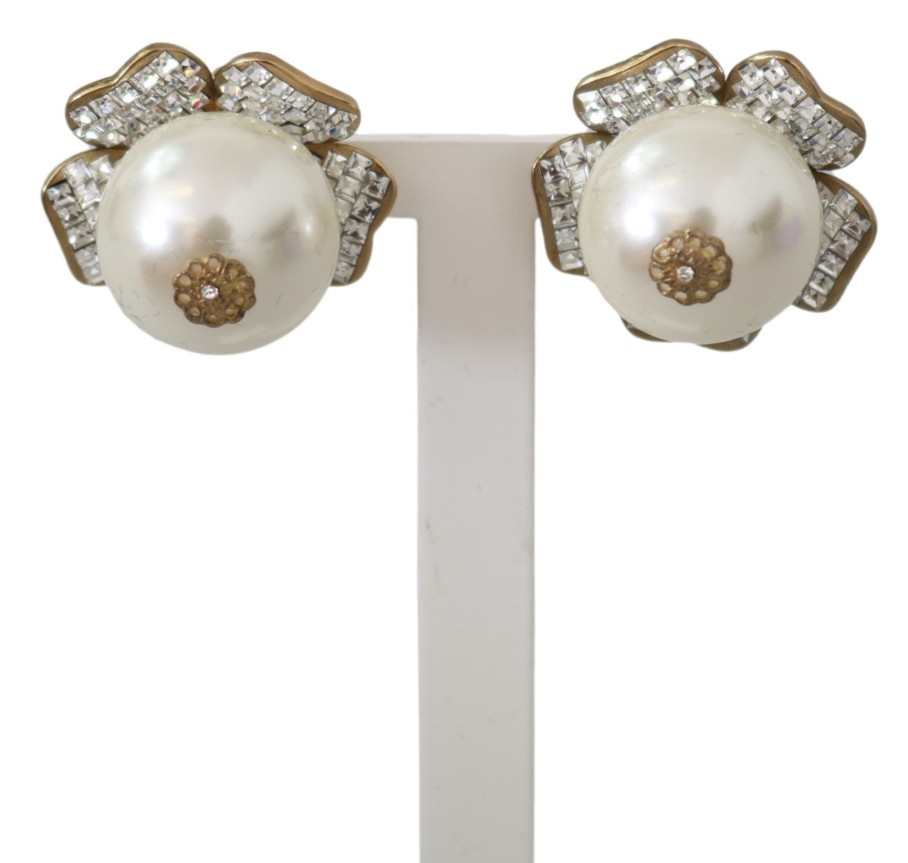 Women Dolce & Gabbana Women'S Earrings | Dolce & Gabbana Gold Tone Maxi Faux Pearl Floral Clip-On Jewelry Earri