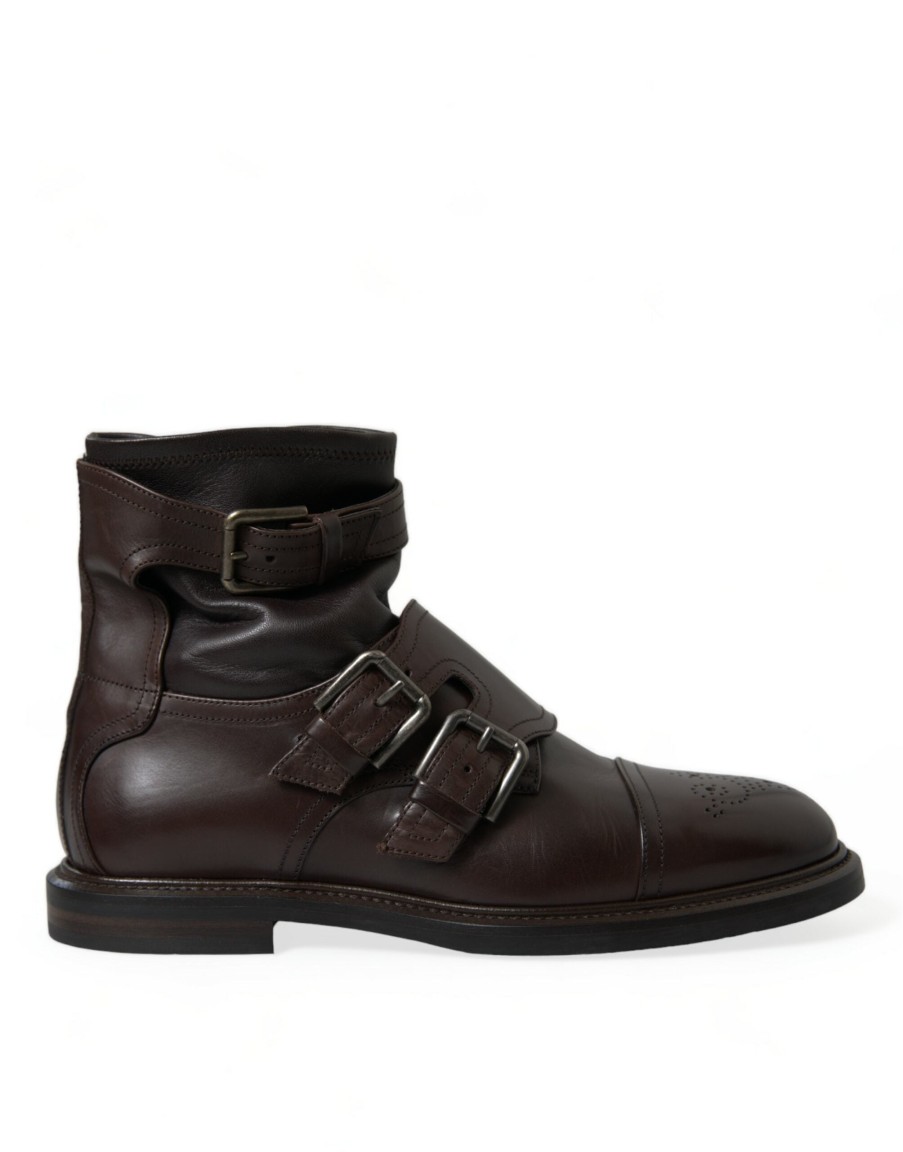 Men Dolce & Gabbana Men'S Boots | Dolce & Gabbana Brown Leather Straps Ankle Boots Shoes