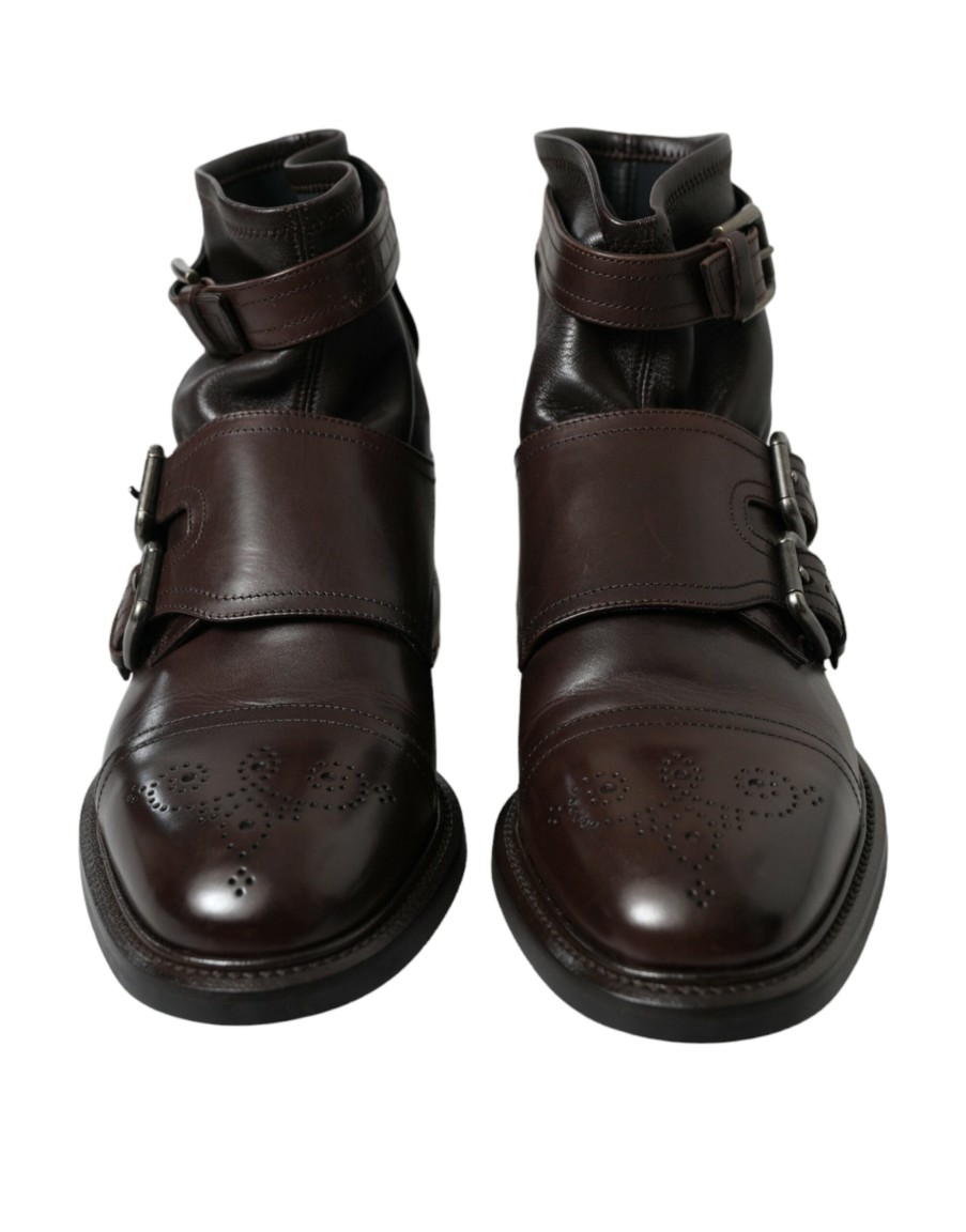 Men Dolce & Gabbana Men'S Boots | Dolce & Gabbana Brown Leather Straps Ankle Boots Shoes