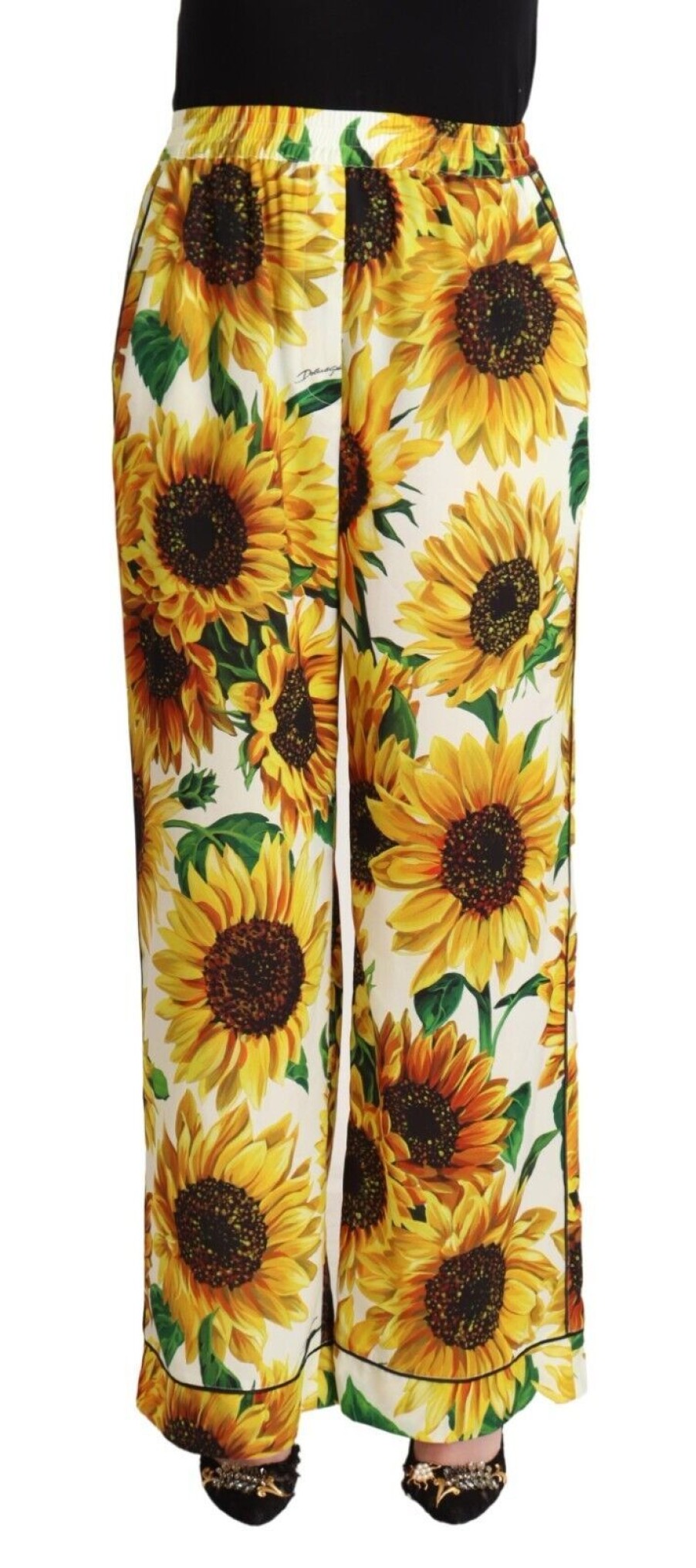 Women Dolce & Gabbana Women'S Pants & Jeans | Dolce & Gabbana White Sunflower Print Mid Waist Wide Leg Pants