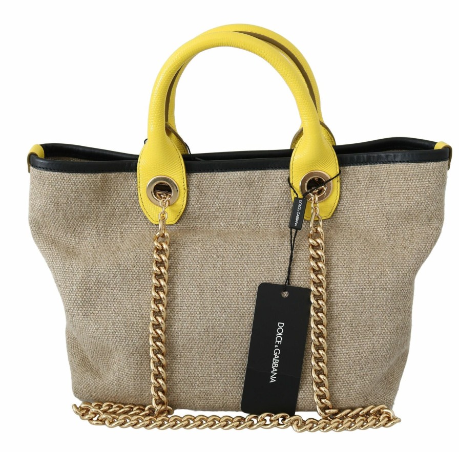 Women Dolce & Gabbana Women'S Tote Bags | Dolce & Gabbana Beige Gold Chain Strap Shoulder Sling Purse Tote Bag