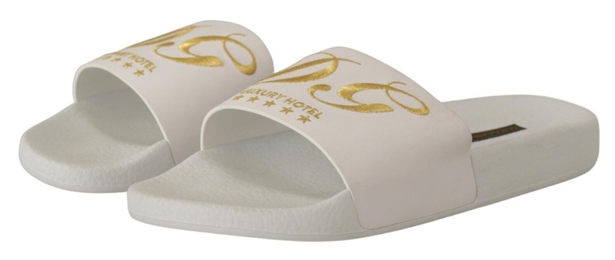 Men Dolce & Gabbana Men'S Slide Sandals | Dolce & Gabbana White Leather Luxury Hotel Slides Sandals Shoes