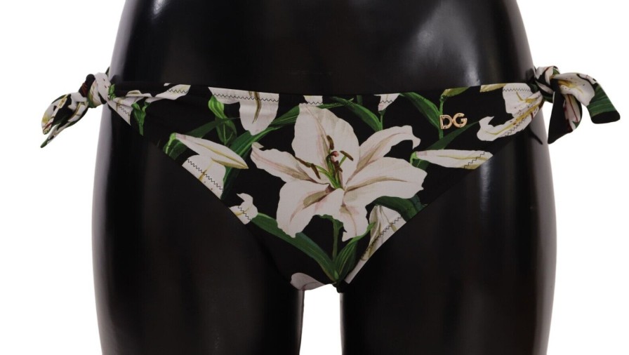 Women Dolce & Gabbana Women'S Swimwear | Dolce & Gabbana Bikini Bottom Black Lily Print Swimsuit Swimwear