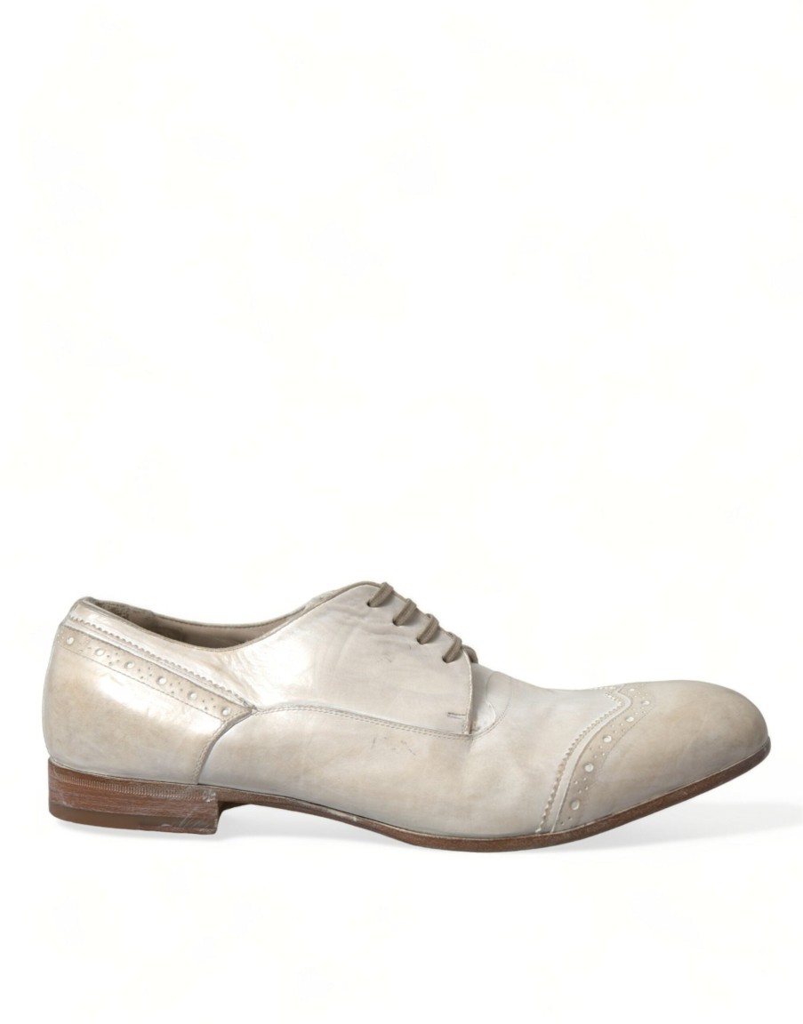 Men Dolce & Gabbana | Dolce & Gabbana White Distressed Leather Brogue Dress Shoes