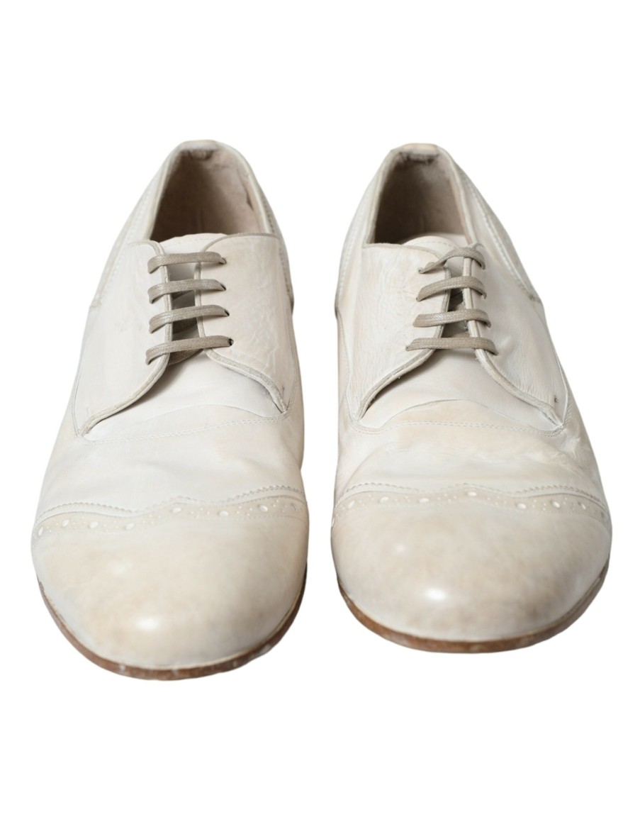 Men Dolce & Gabbana | Dolce & Gabbana White Distressed Leather Brogue Dress Shoes