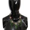 Women Dolce & Gabbana Women'S Necklaces | Dolce & Gabbana Green Leaves Gold Brass Crystal Flower Pendant Necklac