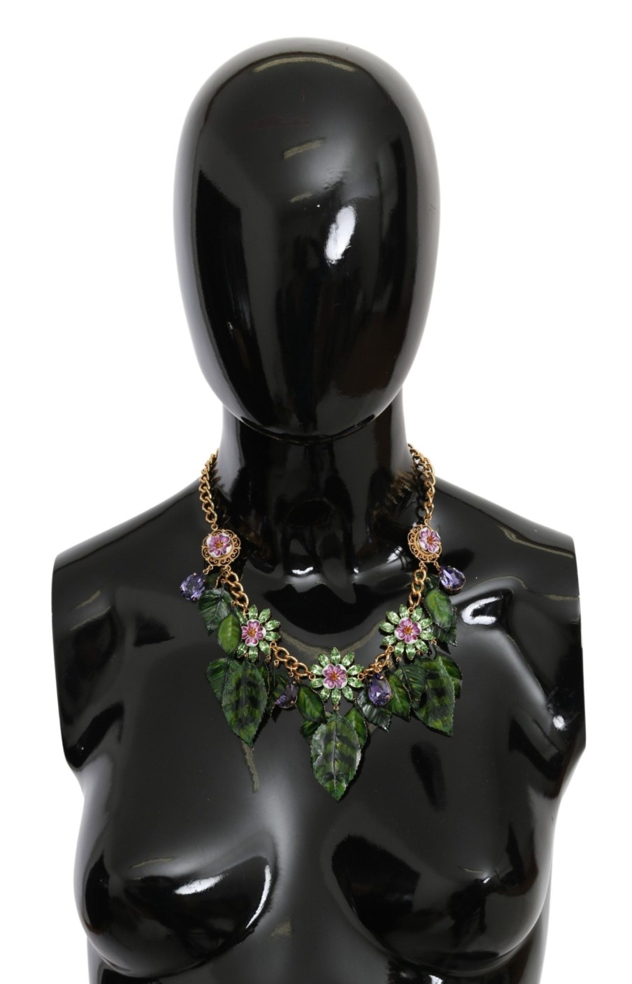 Women Dolce & Gabbana Women'S Necklaces | Dolce & Gabbana Green Leaves Gold Brass Crystal Flower Pendant Necklac