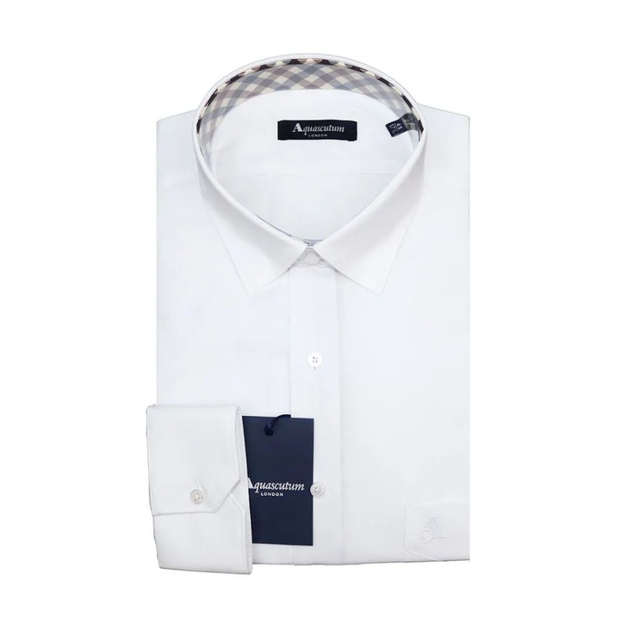 Men Aquascutum Men'S Shirts | Aquascutum Elegant White Cotton Blend Shirt For Men