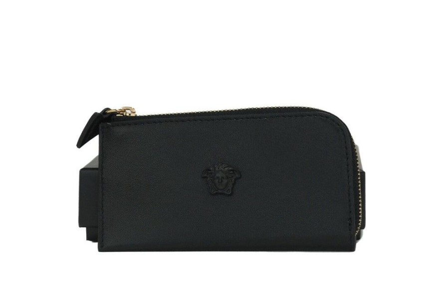 Women Versace Women'S Wallets | Versace Smooth Leather Matte Medusa Head Organizer Zip Card Case Walle