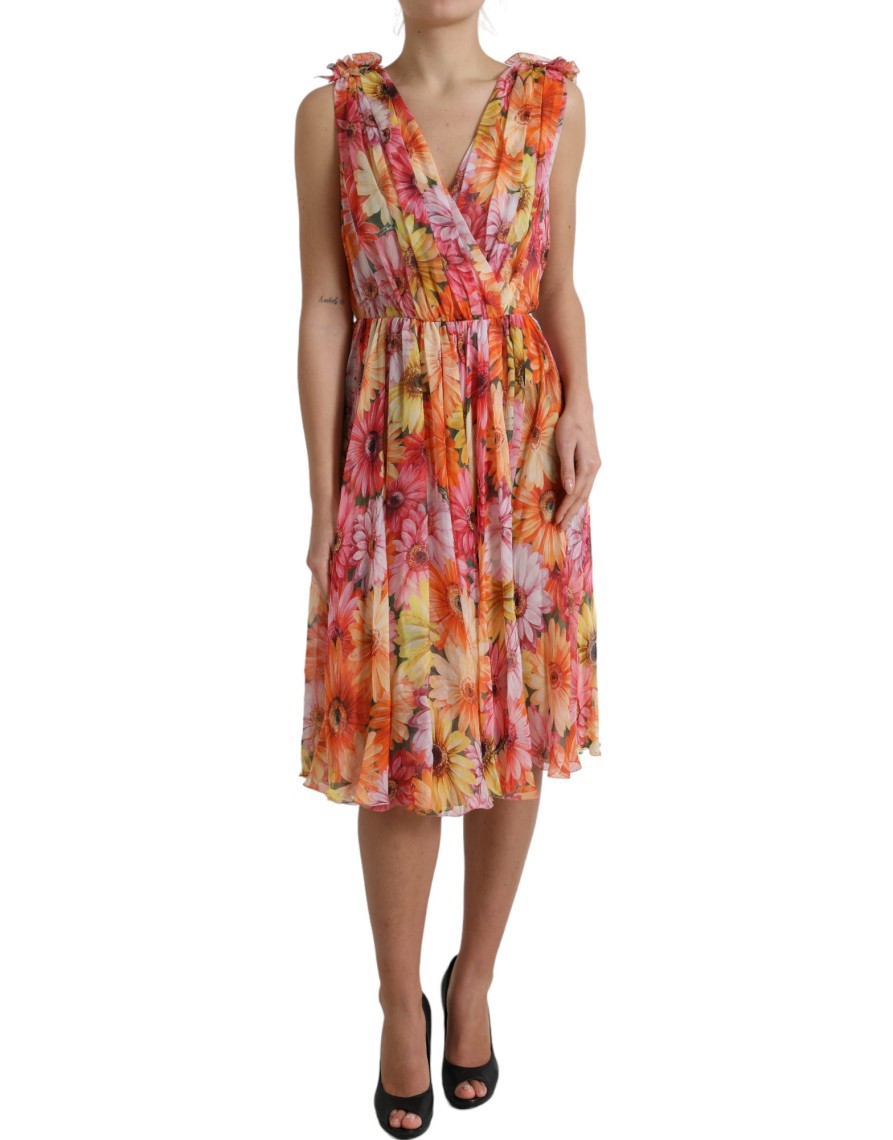 Women Dolce & Gabbana Women'S Dresses | Dolce & Gabbana Multicolor Sunflower Print Silk Midi Dress