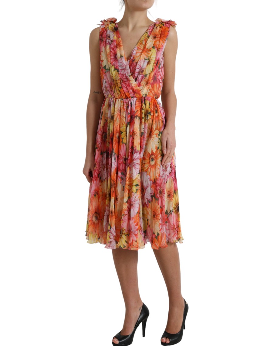 Women Dolce & Gabbana Women'S Dresses | Dolce & Gabbana Multicolor Sunflower Print Silk Midi Dress