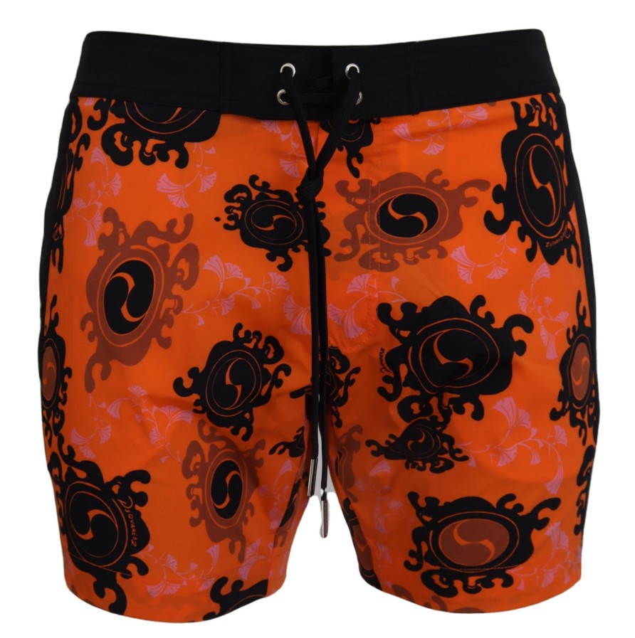 Men Dsquared² Men'S Swimwear | Dsquared Orange Black Printed Men Beachwear Shorts Swimwear