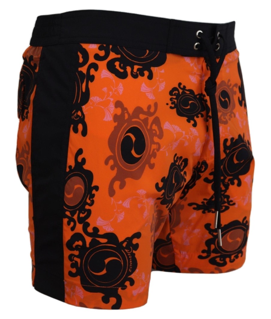 Men Dsquared² Men'S Swimwear | Dsquared Orange Black Printed Men Beachwear Shorts Swimwear