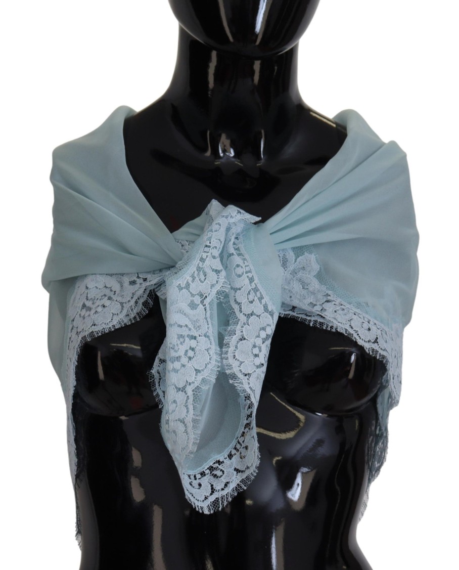 Women Dolce & Gabbana Women'S Scarves | Dolce & Gabbana Light Blue Lace Silk Shawl Square Wrap Scarf