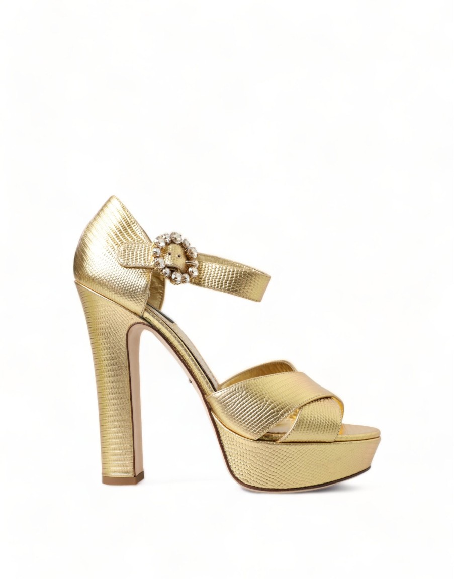 Women Dolce & Gabbana Women'S Sandals | Dolce & Gabbana Gold Crystal Ankle Strap Platform Sandals Shoes