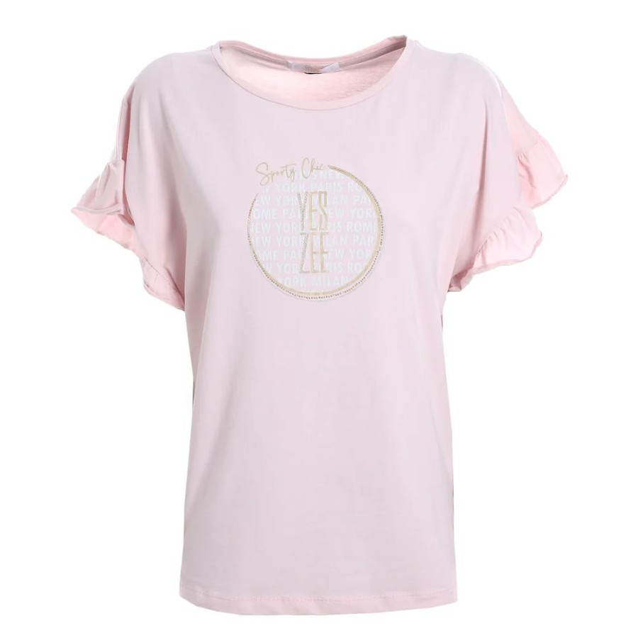 Women Yes Zee Women'S Tops & T-Shirts | Yes Zee Chic Bat Sleeve Ruffle Cotton Tee - Pink