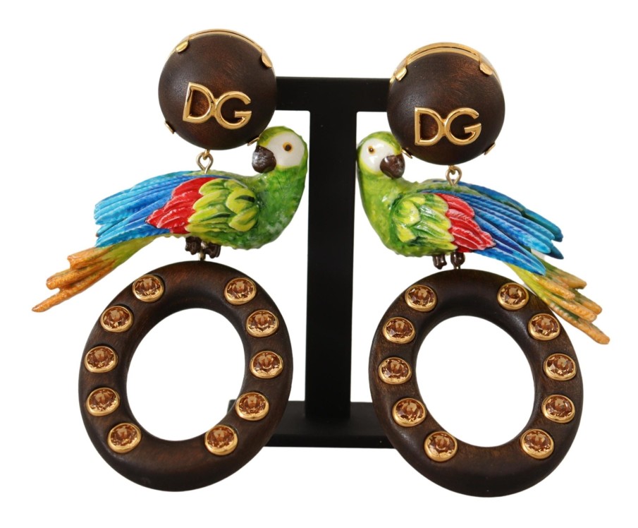 Women Dolce & Gabbana Women'S Earrings | Dolce & Gabbana Gold Brass Wood Parrot Hoop Clip-On Jewelry Dangling E