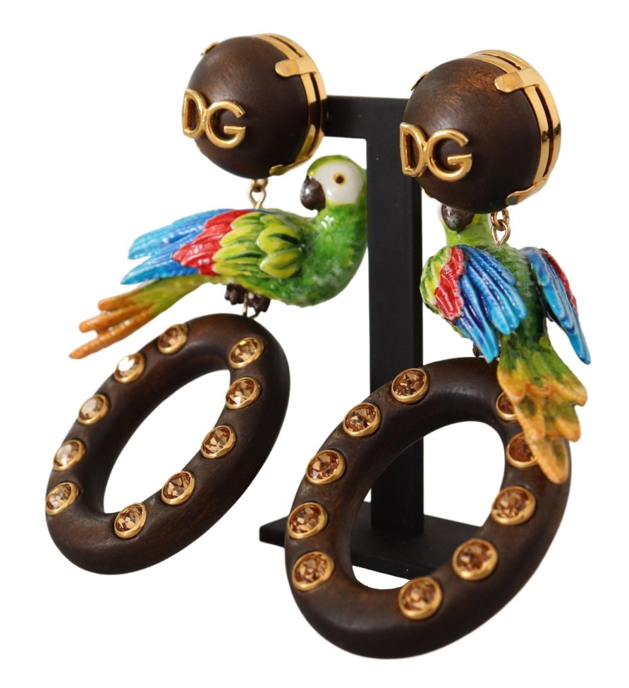 Women Dolce & Gabbana Women'S Earrings | Dolce & Gabbana Gold Brass Wood Parrot Hoop Clip-On Jewelry Dangling E