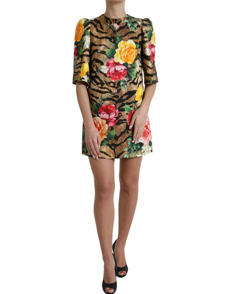 Women Dolce & Gabbana Women'S Dresses | Dolce & Gabbana Multicolor Tiger Floral Print Shift Mini Dress