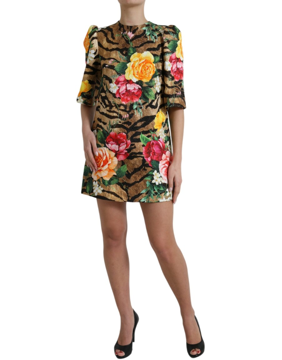 Women Dolce & Gabbana Women'S Dresses | Dolce & Gabbana Multicolor Tiger Floral Print Shift Mini Dress