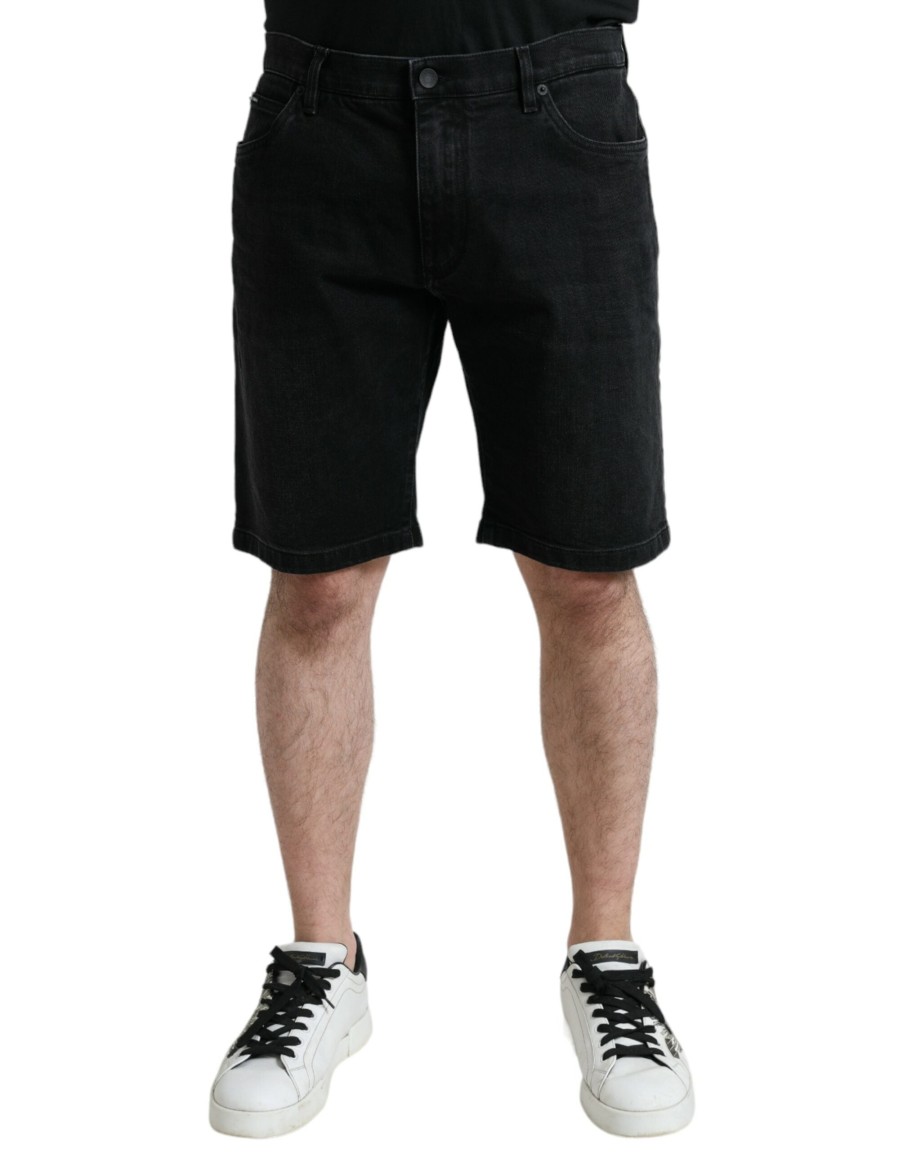 Men Dolce & Gabbana Men'S Shorts | Dolce & Gabbana Black Cotton Stretch Bermuda Denim Shorts