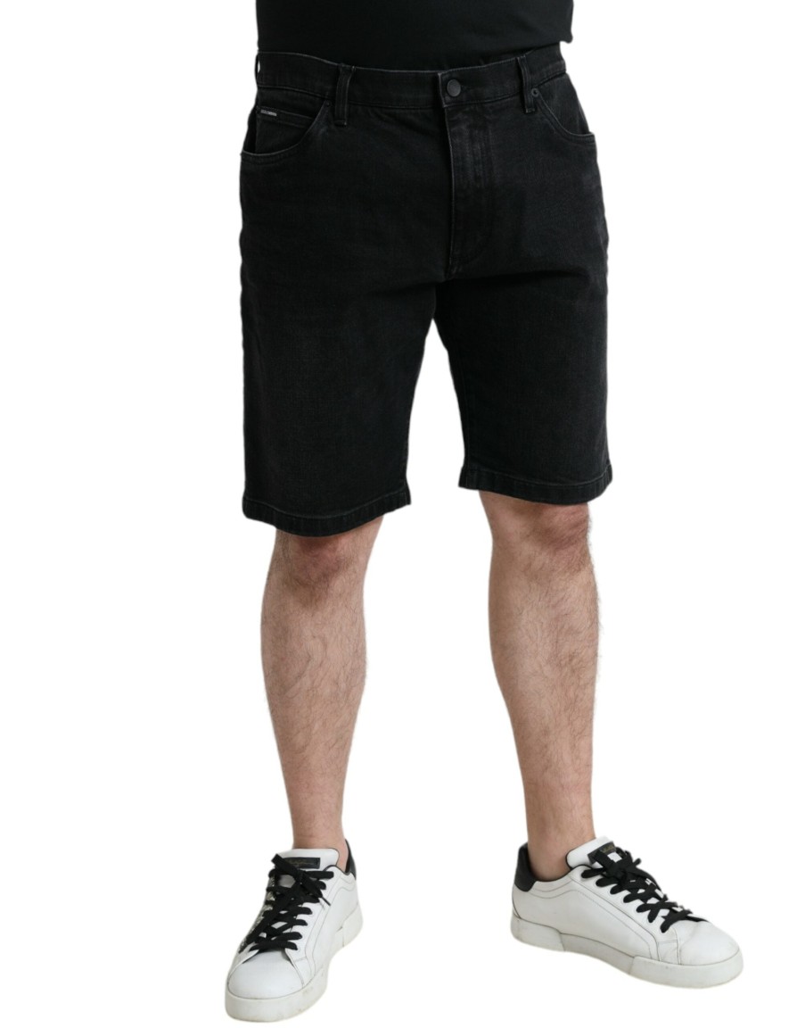 Men Dolce & Gabbana Men'S Shorts | Dolce & Gabbana Black Cotton Stretch Bermuda Denim Shorts