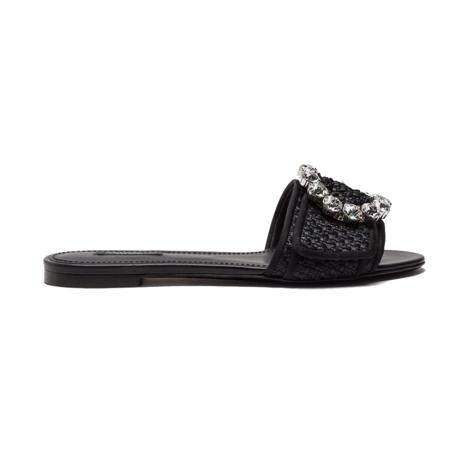 Women Dolce & Gabbana Women'S Sandals | Dolce & Gabbana Elegant Woven Raffia Slippers With Jewel Buckle