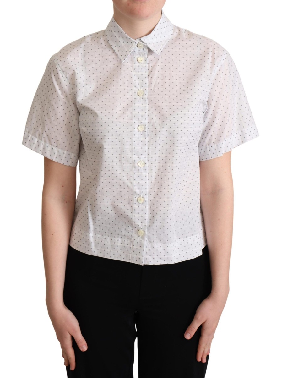 Women Dolce & Gabbana Women'S Shirts | Dolce & Gabbana White Black Polka Dots Collar Blouse Shirt