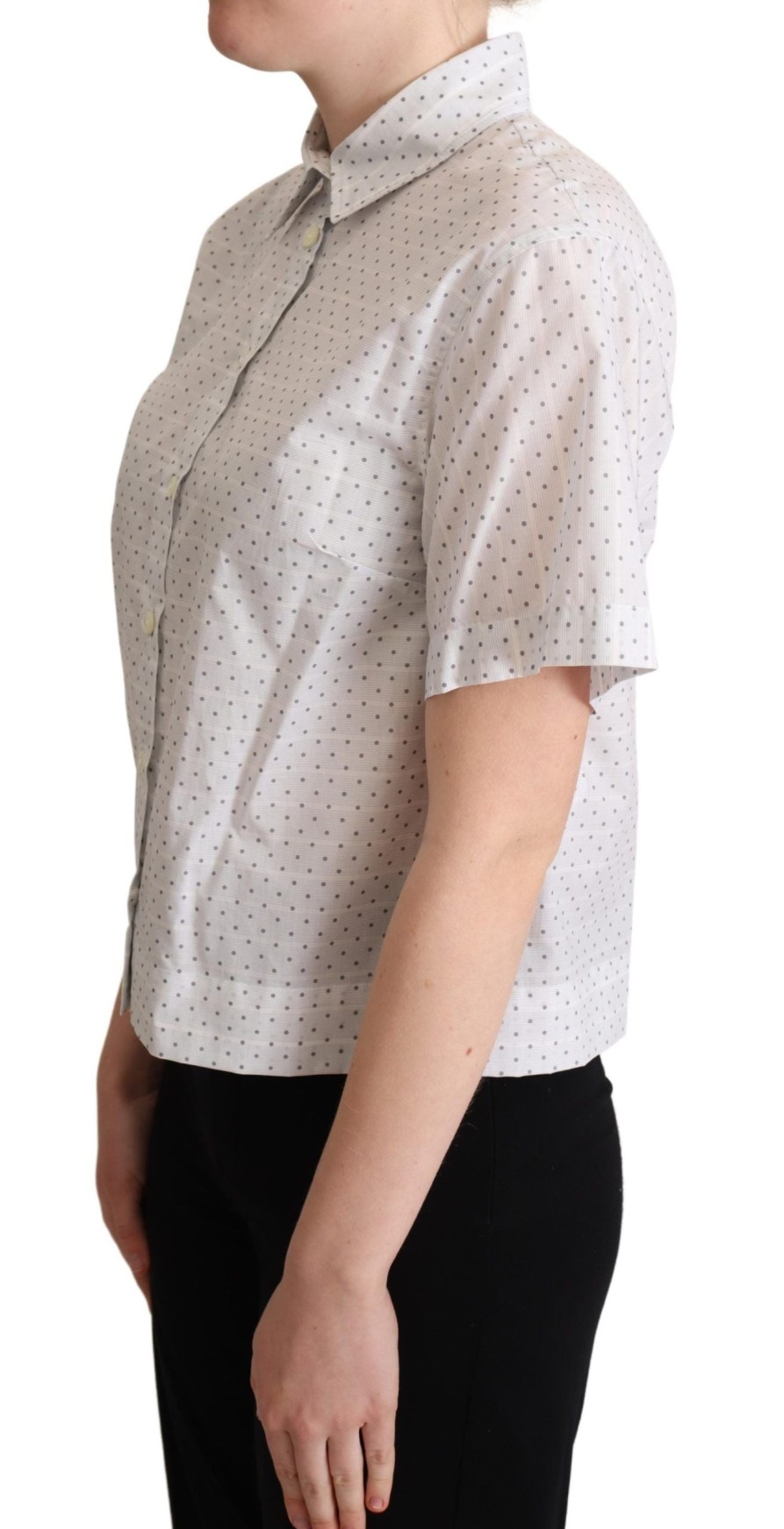 Women Dolce & Gabbana Women'S Shirts | Dolce & Gabbana White Black Polka Dots Collar Blouse Shirt