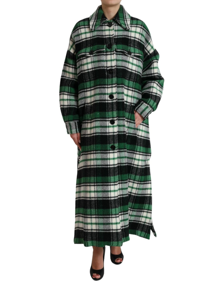 Women Dolce & Gabbana Women'S Jackets & Coats | Dolce & Gabbana Green Plaid Long Sleeve Casual Coat Jacket