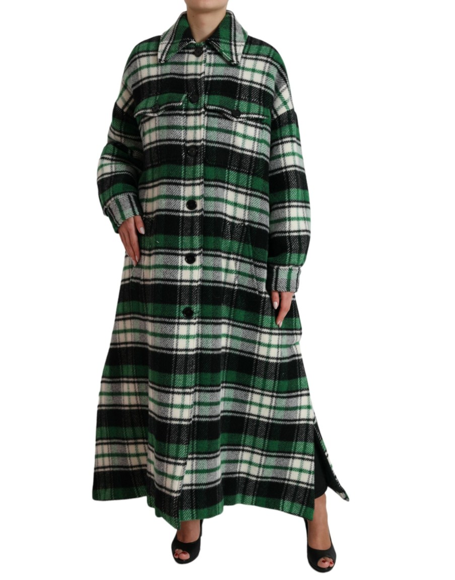 Women Dolce & Gabbana Women'S Jackets & Coats | Dolce & Gabbana Green Plaid Long Sleeve Casual Coat Jacket