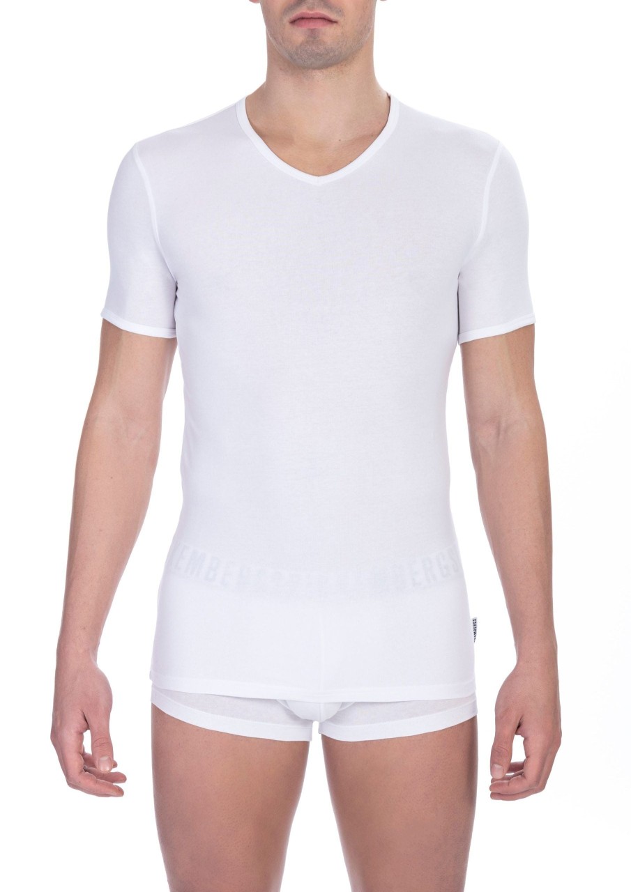 Men Bikkembergs Men'S T-Shirts | Bikkembergs Elegant V-Neck Cotton Blend White Tee