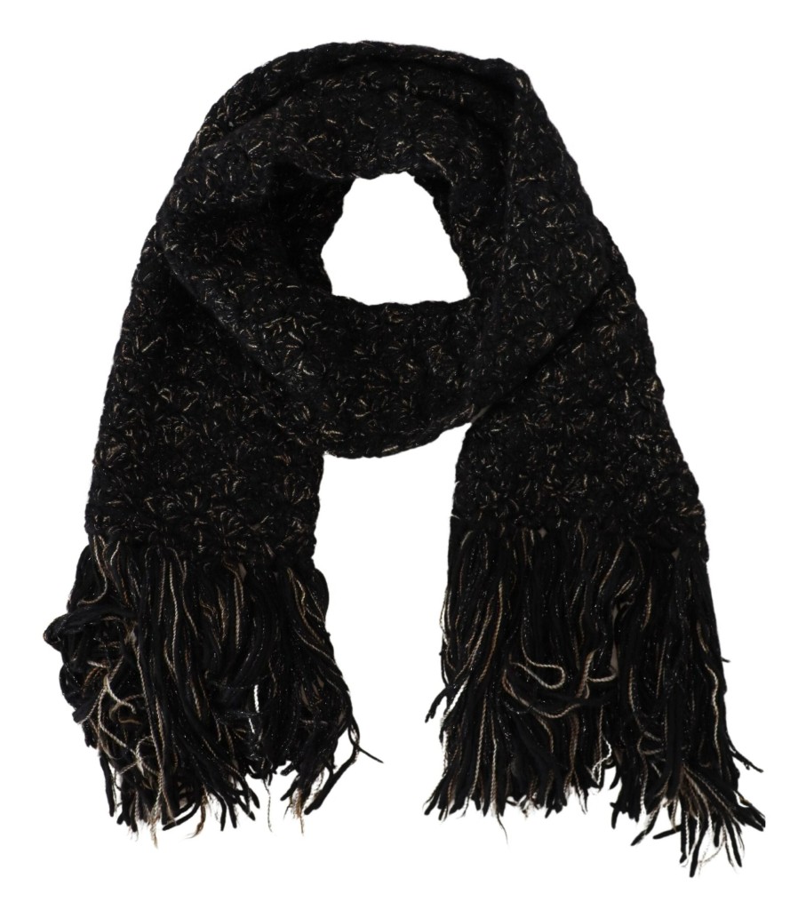 Women Dolce & Gabbana Women'S Scarves | Dolce & Gabbana Black Wool Knitted Wrap Foulard Fringe Scarf