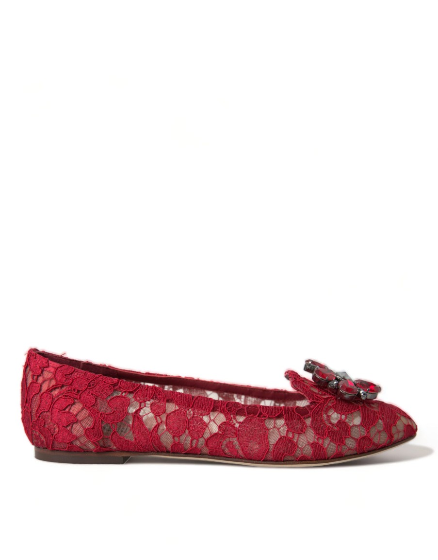 Women Dolce & Gabbana Women'S Flat Shoes | Dolce & Gabbana Red Vally Taormina Lace Crystals Flats Shoes