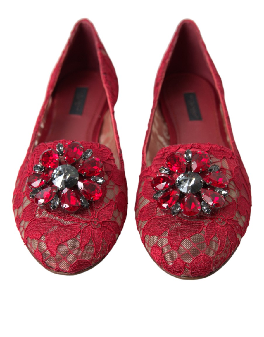 Women Dolce & Gabbana Women'S Flat Shoes | Dolce & Gabbana Red Vally Taormina Lace Crystals Flats Shoes